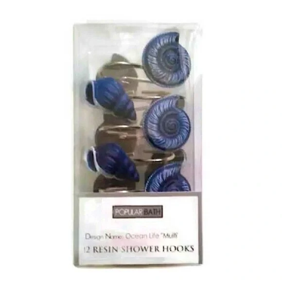 Coastal Ocean Seashell Shower Hooks Blue White Beachy Decor Set of 12 - Picture 2 of 11